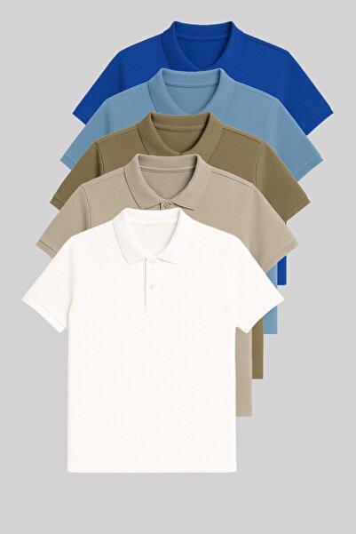 COMBİNE MİCHAİL Men's 5-Piece 100% Cotton Polo Neck T-Shirt Turquoise-Bebemavi-Khaki-Grey-White