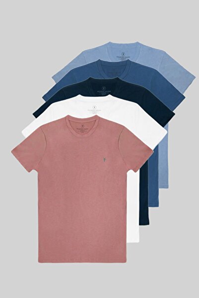 COMBİNE MİCHAİL Men's 5-Pack Crew Neck 100% Cotton T-Shirt Ice Blue-Indigo-Navy Blue-White-Powder