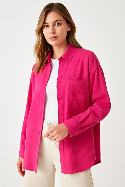 COMBİNE MİCHAİL Γυναικείο Φούξια Oversize Λινό Πουκάμισο