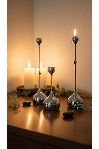 AKSESUAR EVRENİ Olin Mumluk Dekoratif Şamdan Düz Taban Paslanmaz Kaplama Metal Modern Mum Tutacağı