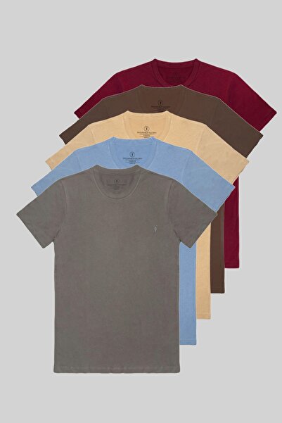 COMBİNE MİCHAİL Men's 5-Pack T-Shirt 100% Cotton Summer Anti-Sweat Fabric Burgundy-Brown-Beige-Ice Blue-Fume