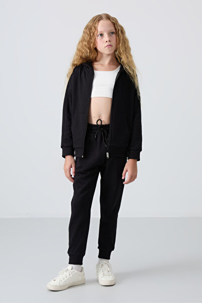 TOMMY LIFE Бродиран комплект анцуг за момиче - черен памук, космат отвътре, м...