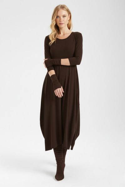 By Yaren Yazıcı Rochie midi asimetrică maro croi relaxat pentru femei, cu măn...