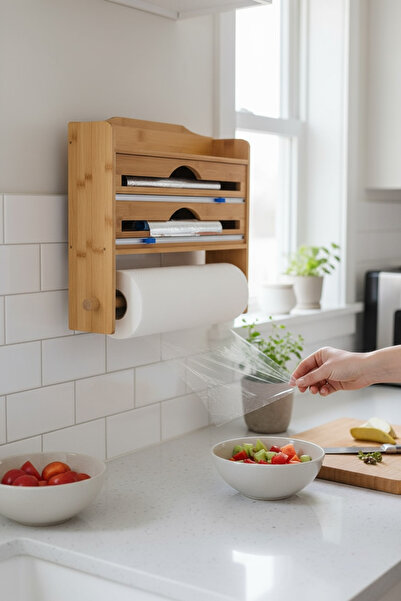 zezedesing Bambu Raflı Streç Folyo Kesme Kutusu ve Kağıt Havlu Askılığı – Mutfak Organizeri 37x10x27CM