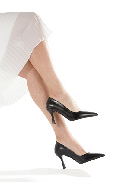 Catelyn Women's Black Textured Leather Pointed Toe Stiletto High Thin Heeled Shoes - 9 cm