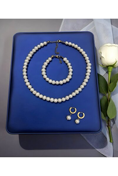 Harikalar Aksesuar Sertifikalı Gerçek Doğal Beyaz İnci Kadın Kolye Bileklik Küpe Seti Çelik Klips ve Uzatma