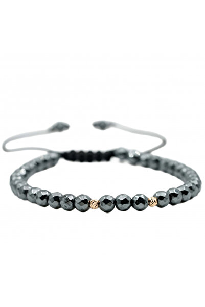 MANAVA Bracelet with 2 14k Gold balls and semi-precious hematite stones, adjustable