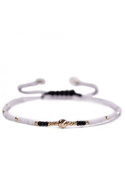 MANAVA Brățară cu 17 bile de Aur 14k și bile Miyuki alb-negru, reglabilă