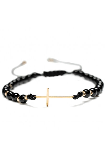MANAVA Βραχιόλι με 10 χρυσές μπάλες 14 καρατίων, χρυσό σταυρό 14 καρατίων και μαύρο όνυχα