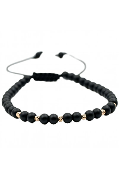 MANAVA Brățară cu 6 bile de Aur 14k și pietre de onix negru mat, reglabilă