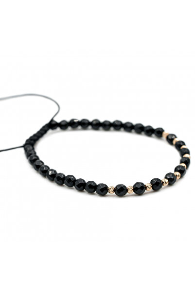 MANAVA Bracelet with 10 14k Gold balls and faceted black onyx, adjustable