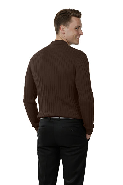 DeepSEA Men's Brown Polo Neck Corded Fabric Knitwear Sweater – 100% Cotton, Flexible Texture, Modern Fit 2605305