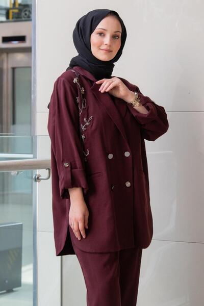 Mahal Crochet Knitwear Embroidered K Double-Breasted Collar Jacket Trousers Set