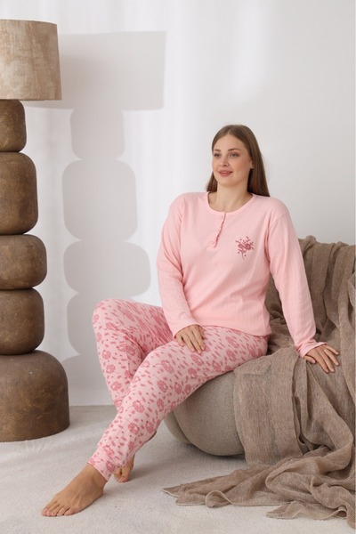 Eyfuze Γυναικεία Σετ Πιτζάμες με μακρυμάνικο γιακά με κουμπιά με κέντημα με καμπύλες