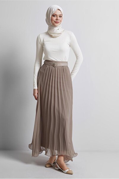 TRENDTESETTÜR Women's Beige Belted Pleated Wire Skirt t 2026