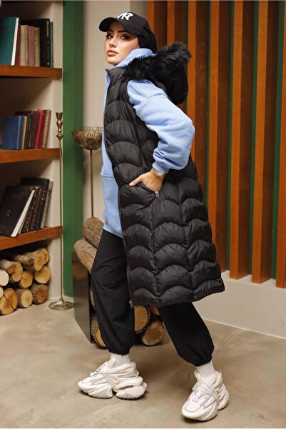 TRENDTESETTÜR Women's Black K Hooded Fur Inflatable Vest 7429