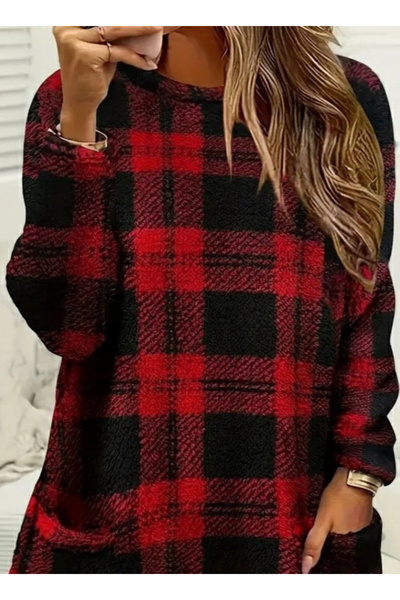 Meleners Women's Long Sleeve Semi-High Neck Pocket Detailed Plaid Woven Tunic