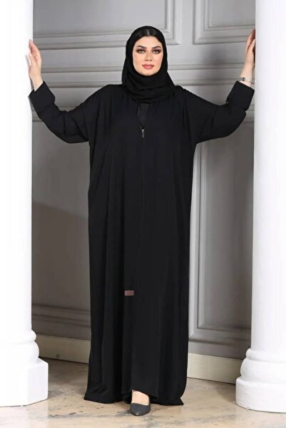 ZAHRA Black abaya with zipper and hidden pockets, woven from blackberry fabric, with a free scarf