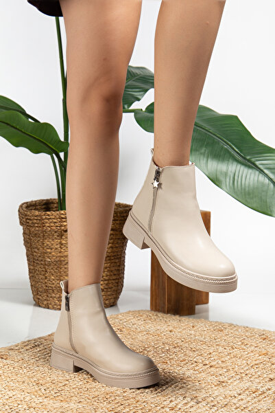 PLN SHOES Women's Victor Black Leather Zipper Detailed Stitched Short Ankle Boots