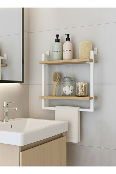 Euromob 40x20 cm Banyo Rafı Duvara Monte Havluluk 2 Katlı Dekoratif Düzenleyi...