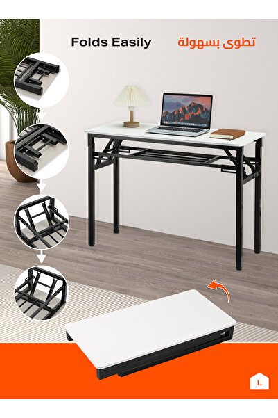 Lawazim Folding Table Double Layer 80x40cm - Desk with Shelf Wooden Top and Iron Frame
