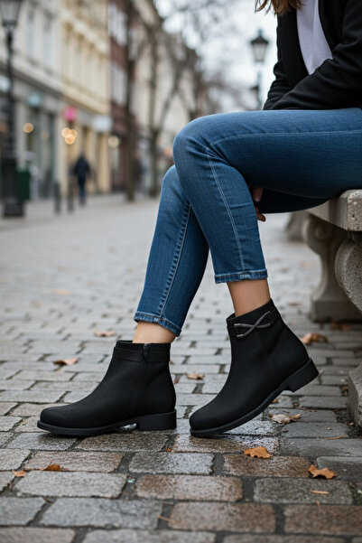 Y&D Shoes 2025 New Season Women's Black Buckle Stone Zipper Flat Heel Casual Boots