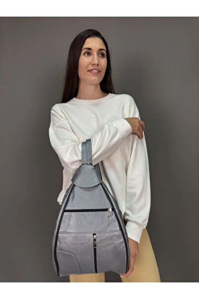 Deribag Genuine Leather, Women's Backpack, Gray Color, 25*36*16 cm