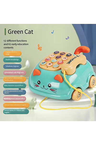 Choice1 هاتف موسيقي 3 في 1 من جرين بيبي، لعبة تعليمية تفاعلية للأطفال الصغار مع أضواء، هاتف على شكل قطة.