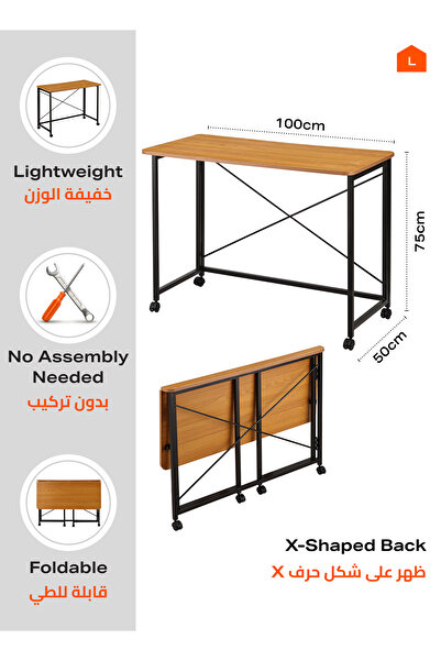 Lawazim Folding Table 100x50x75cm - Computer Desk with Wheels Wooden Top and Iron Legs