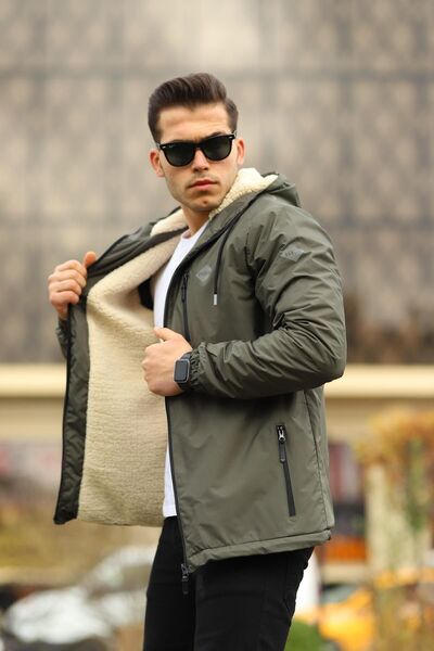 comstar Men's Furry Water Resistant Hooded Pocket Raincoat Khaki