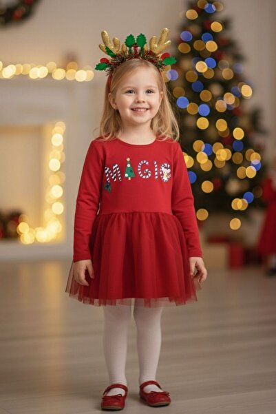 Le Mabelle Red Christmas Themed Magic Motto Girls' Dress - Claire