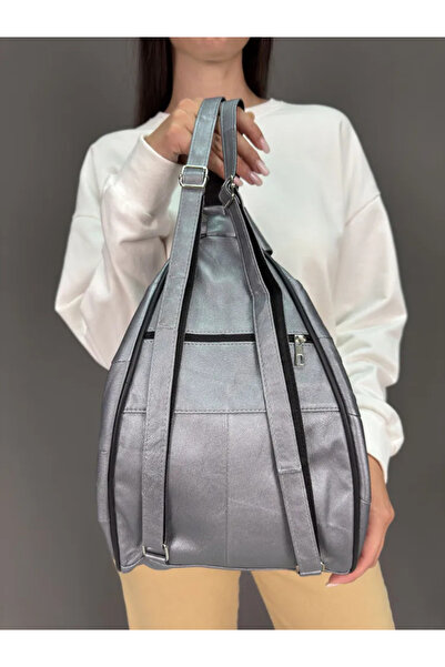 Deribag Genuine Leather, Women's Backpack, Gray Color, 25*36*16 cm