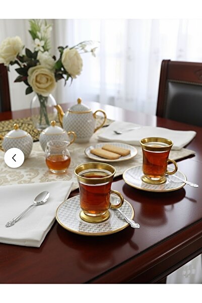 DECOSTYLE Kazayağı Desenli Kulplu 12 Parça Çay Takımı – Gold Porselen Tabaklı – Şık Cam Kulplu Bardak Seti