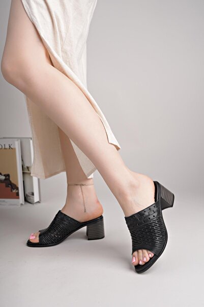 Nesil Shoes MyShoes 2060 Siyah Hakiki Soft Deri Topuklu Kadın Terlik
