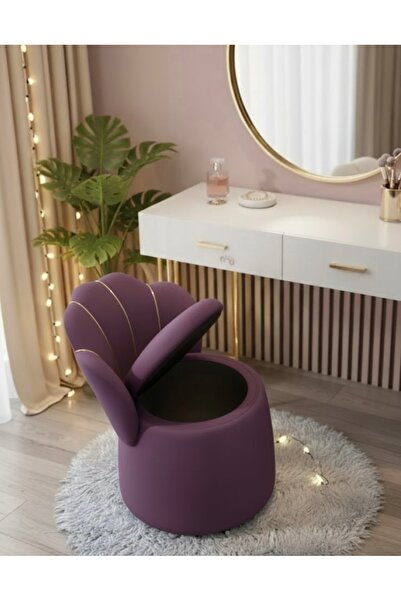 Ebrar Home Design Lüks İstiridye Tasarımlı Kadife Depolama Pufu | Makyaj Masası Sandalyesi ve Saklama Kutusu