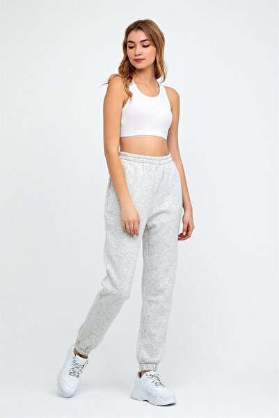 ESPİNA Women's Three Thread Knitted Sweatpants with Elastic Waist and Legs Jogger Gray