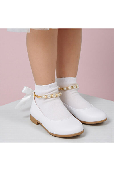 PATİK BEBE Babet ortopedice elegante pentru fete, culoare albă, cu perle la gleznă