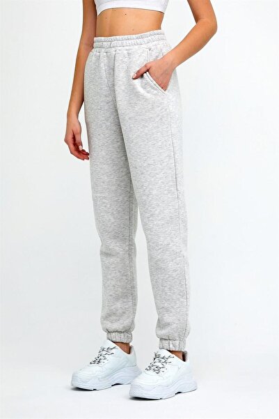 ESPİNA Women's Three Thread Knitted Sweatpants with Elastic Waist and Legs Jogger Gray