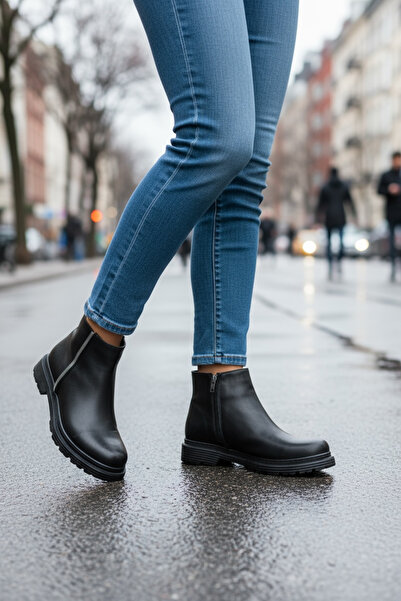 Y&D Shoes 2025 New Season Women's Black Buckle Stone Zipper Flat Heel Casual Boots