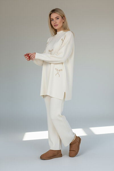 NEWCO Chic Ribbon Stone Embroidered Women's Double Knitwear Suit Loose Fit Long Sleeves and Comfortable Pants