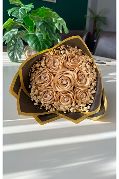 Buketim Seninle باقة من 8 وردات ساتان ذهبية لا تبهت مع اللؤلؤ والرقائق، هدية ...