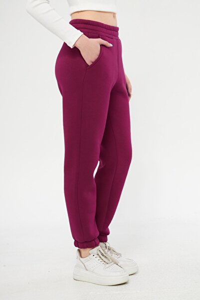 ESPİNA Cherry Colored Women's Jogger Sweatpants Made of Three Thread - Elastic Waist and Legs