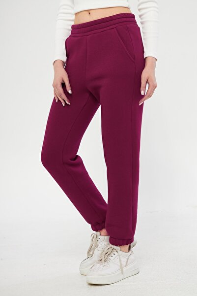 ESPİNA Cherry Colored Women's Jogger Sweatpants Made of Three Thread - Elastic Waist and Legs