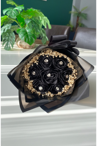 Buketim Seninle 7'li Siyah Taşlı Cipsolu Solmayan Gül Buketi, Saten Çiçek, Ar...