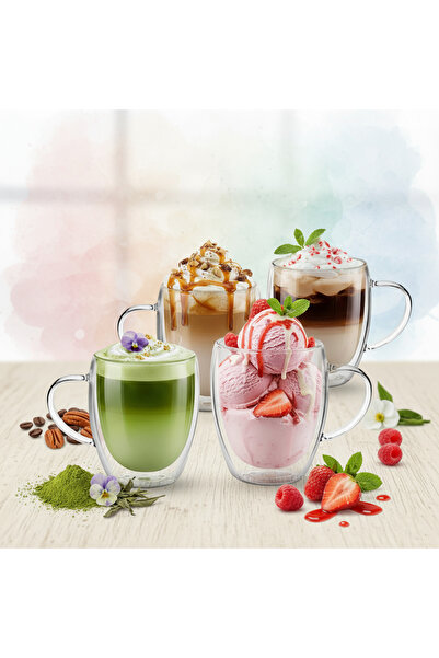 Salestore.ro Set of 4 Double-Walled Heat-Resistant Mugs Borosilicate Glass, 350 ml, Transparent