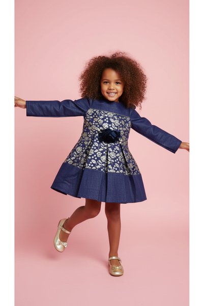Polin Navy Blue Gold Embroidered Girl's Dress