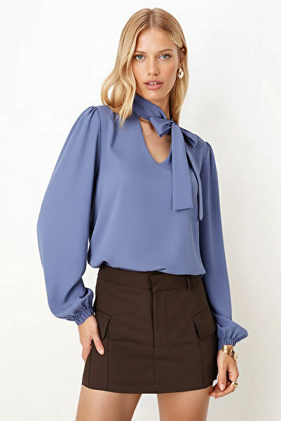 armonika Γυναικεία μπλούζα σε σκούρο μπλε χρώμα με λαιμόκοψη και ελαστικό μανίκι ARM-25K001096