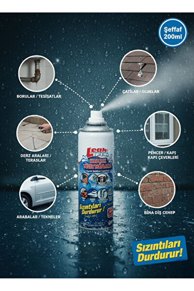 MH MiniHediye Leak Fix (ŞEFFAF 200 ml) Su Yalıtım Sızdırmaz Geçirmez Izolasyon Kauçuk Spreyi Kaplama Sızıntı Önler
