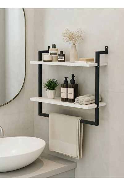 Euromob 60x20 cm Banyo Rafı Duvara Monte Havluluk 2 Katlı Dekoratif Düzenleyi...