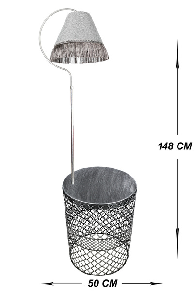 VENON Sehpalı Lambader Elips Gümüş Patine ⭐️Açık Gri Kumaş Şapka Gri Püsküllü ⭐️Salon Köşe Lambader